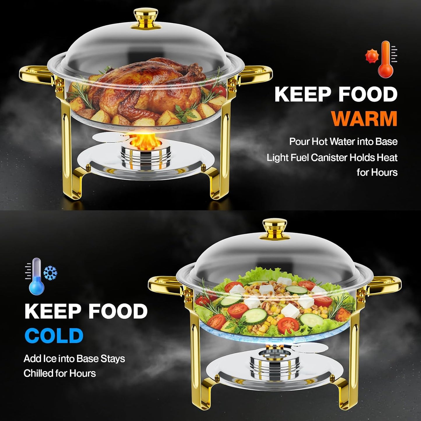 4 Pzas Platos Acero Inox 6qt Buffet Dorado Plata