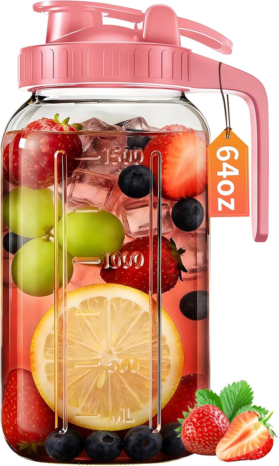 Pitcher de vidrio con tapa y bebedero 2 cuartos frasco Mason hermético para leche materna café helado té agua jugo boca ancha seguro para refrigerador
