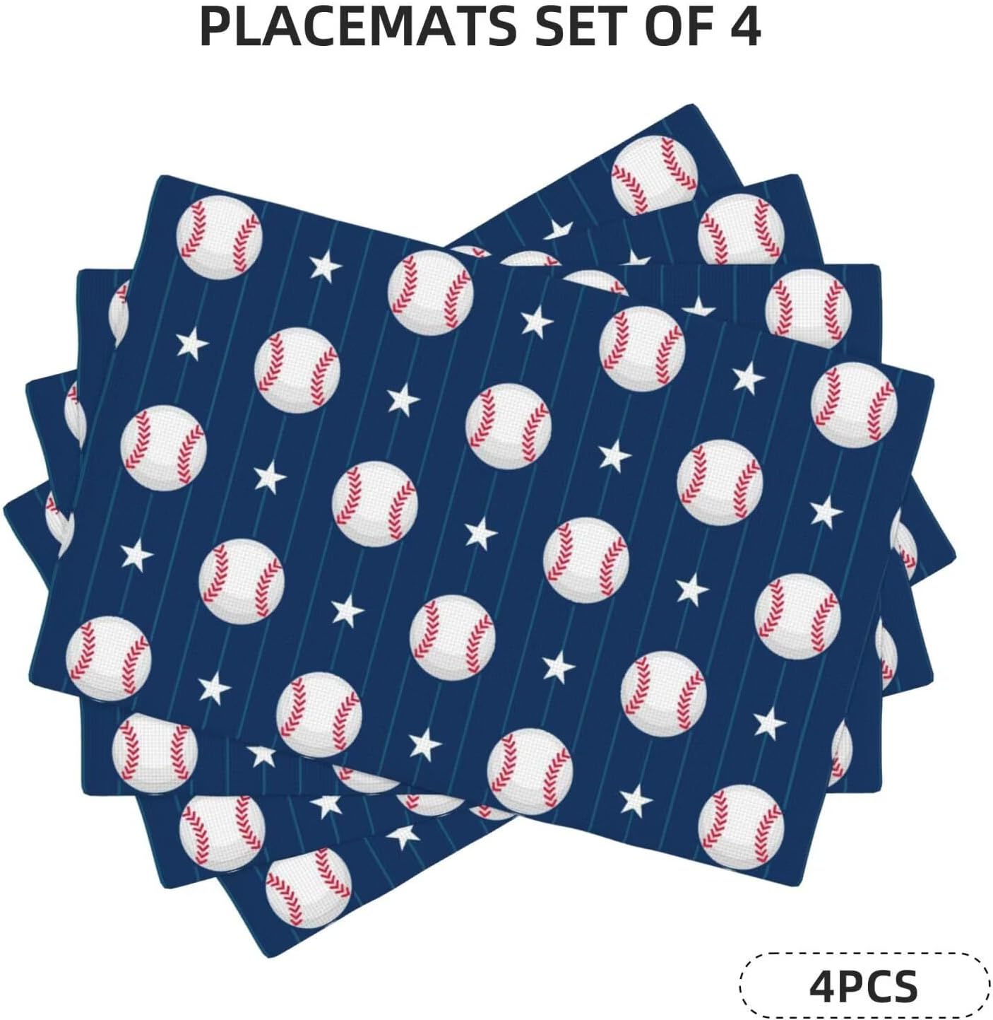 Juego de 4 manteles individuales de béisbol con estampado de pelota y estrellas azul marino