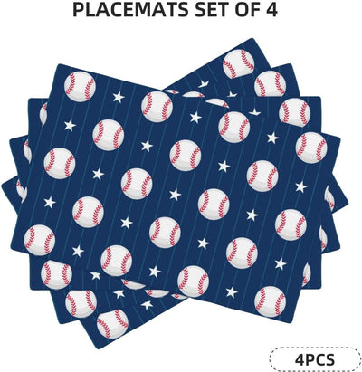 Juego de 4 manteles individuales de béisbol con estampado de pelota y estrellas azul marino