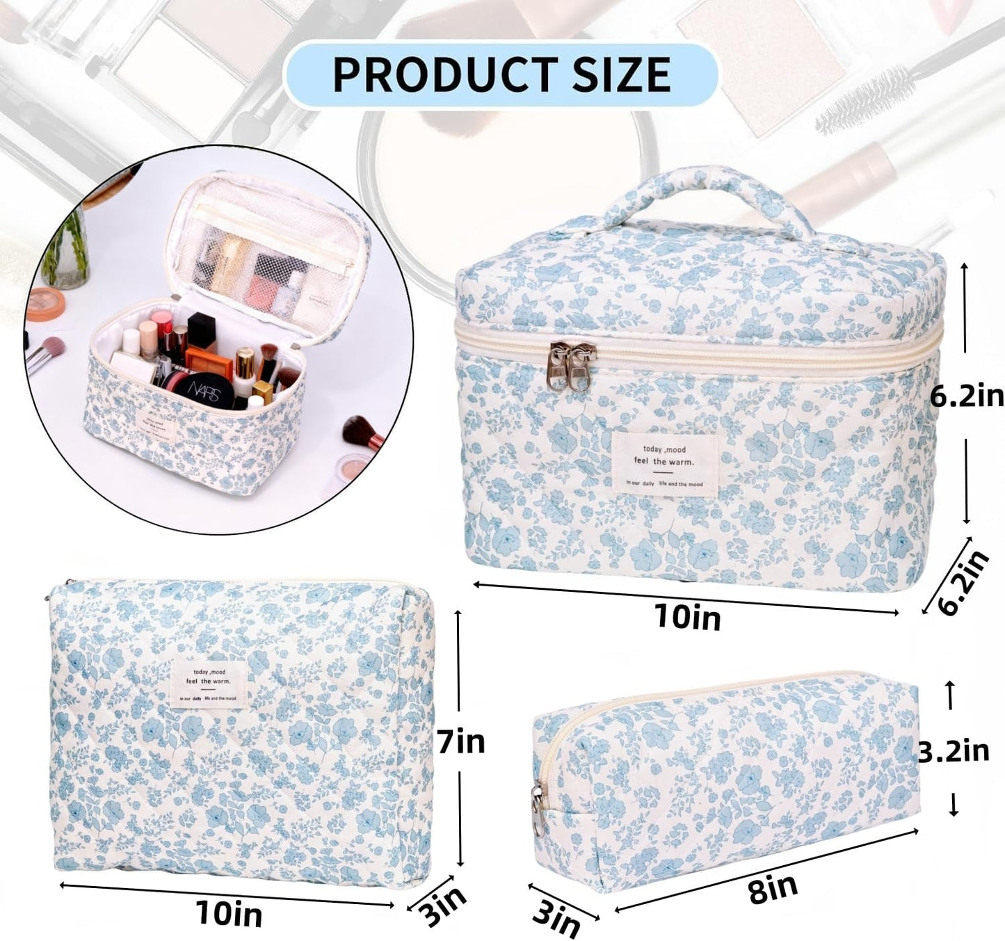 Bolsa maquillaje 3 pzas acolchada floral para mujer