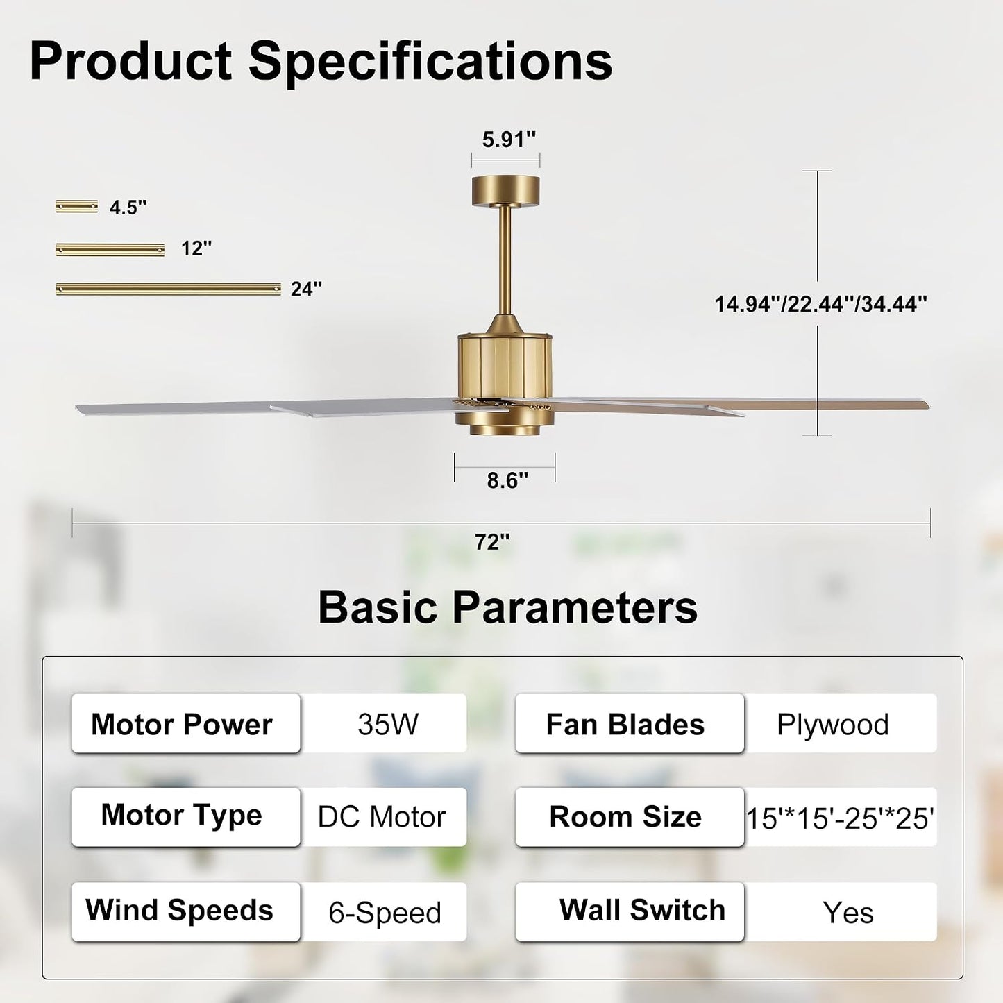 Ventilador techo 72pulg motor CC 6 vel aspas doradas