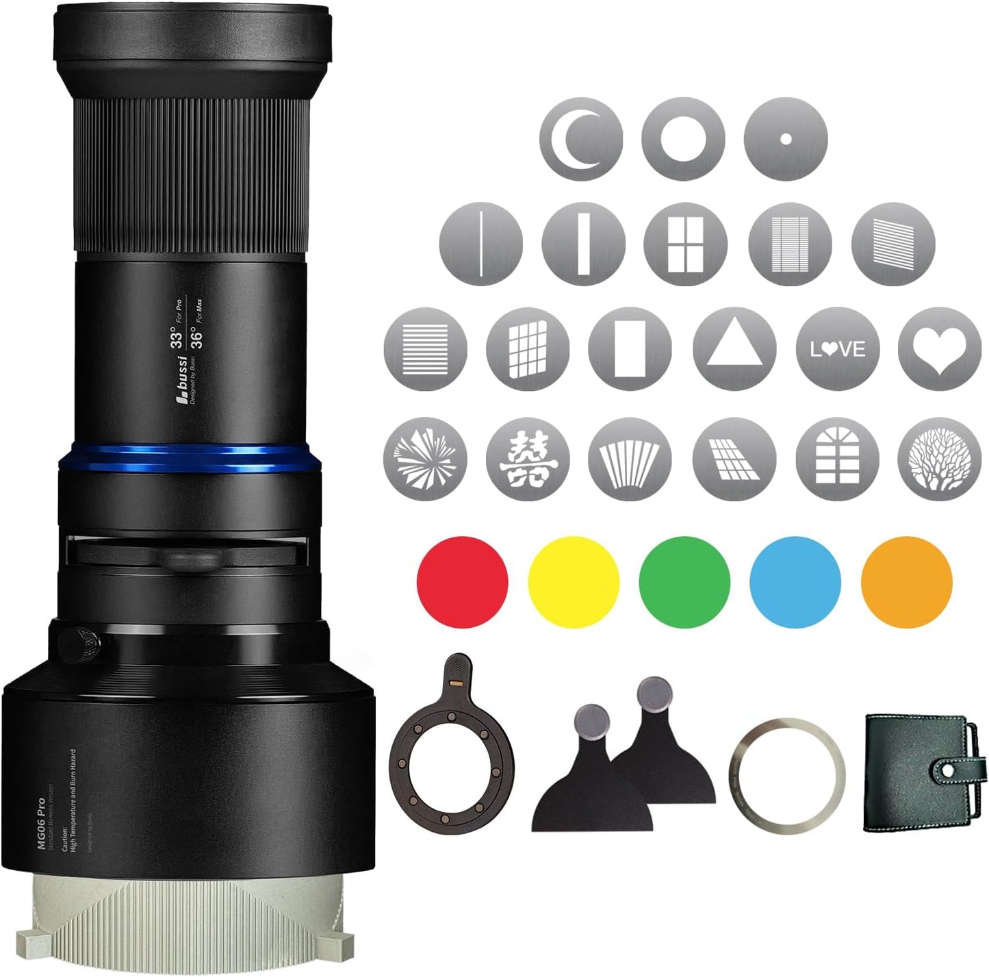 Foco LED con snoot 33° 20 gobos 2 cuchillas Bowens