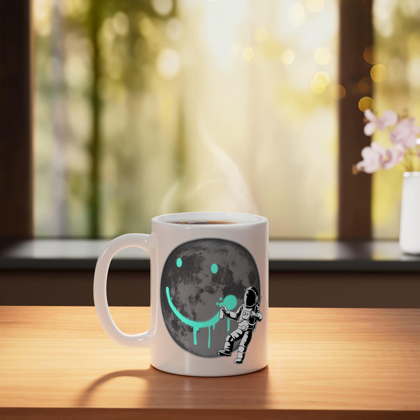 Taza Cerámica Astronauta Sonrisa Planeta Blanco