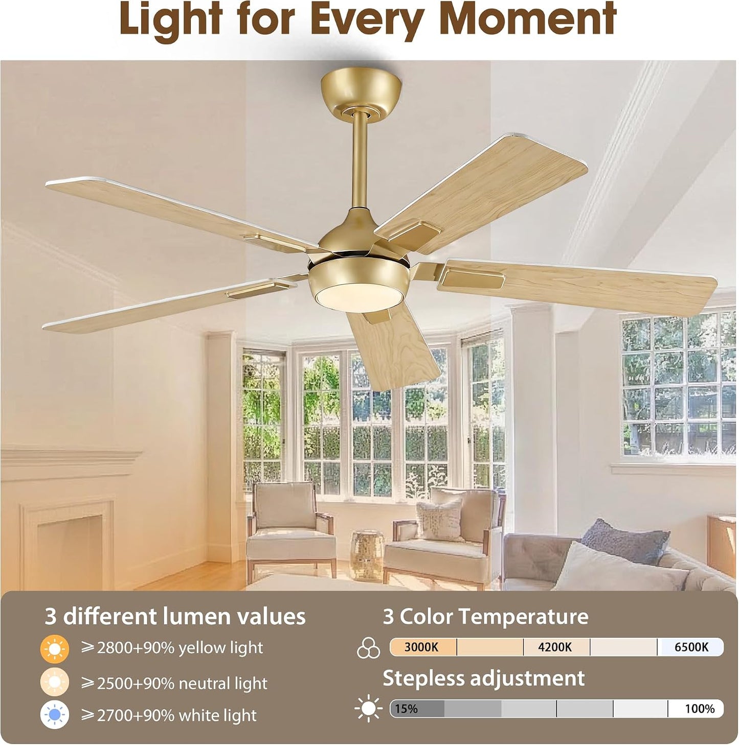 Ventilador techo oro blanco 52pulg luz LED control remoto 6 vel