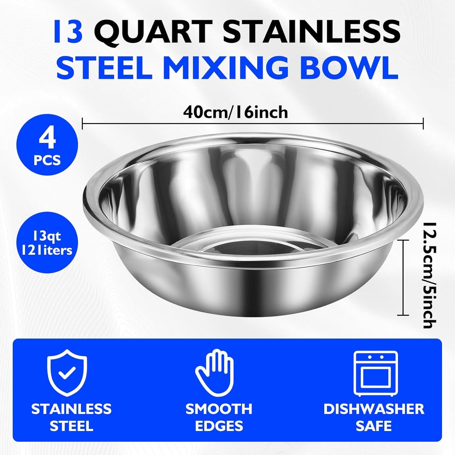 Set 4 Cuencos Acero Inox 304 13qt Base Plana Hogar Comercial