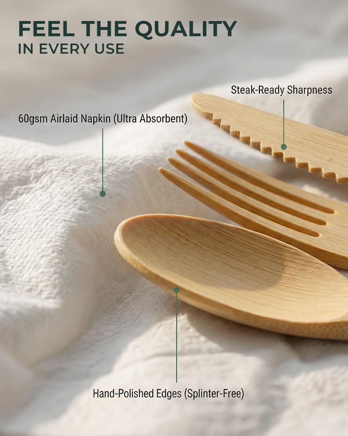 100 Cubiertos Bambú con Servilletas Airlaid Tacto Lino Compostables