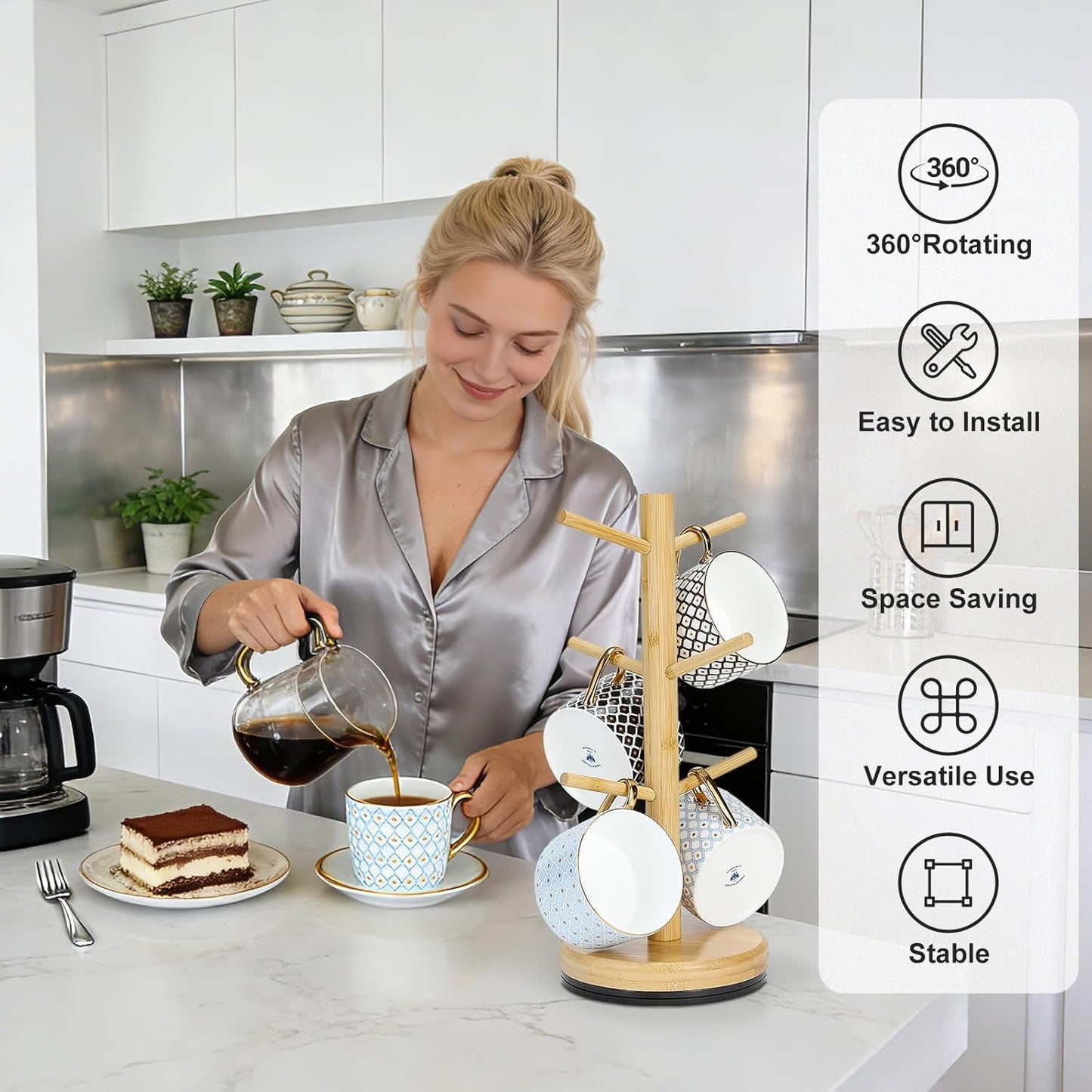Soporte taza giratorio 360° 6 ganchos bambú antideslizante