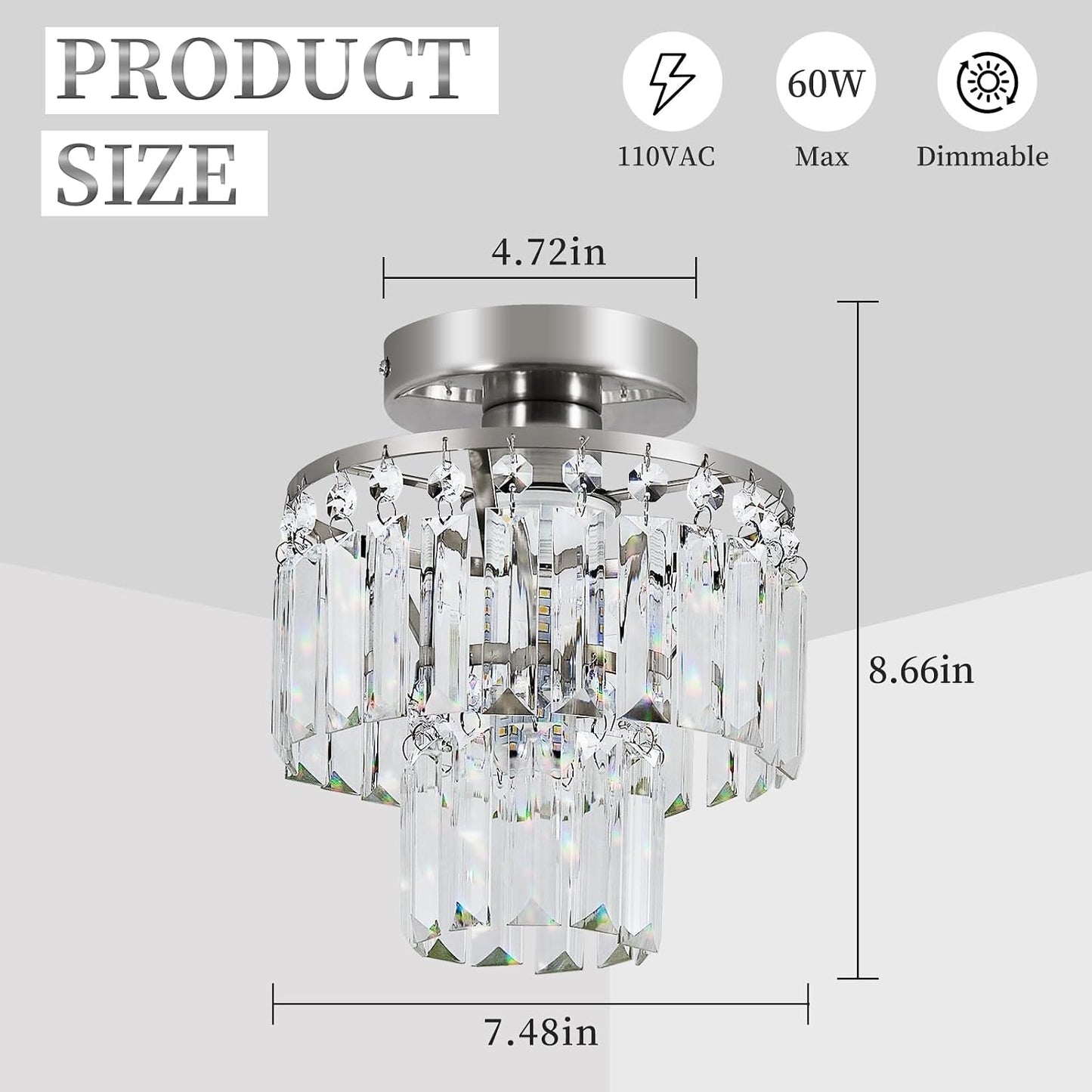 Candelabro techo cristal K9 níquel cepillado E26 1 luz
