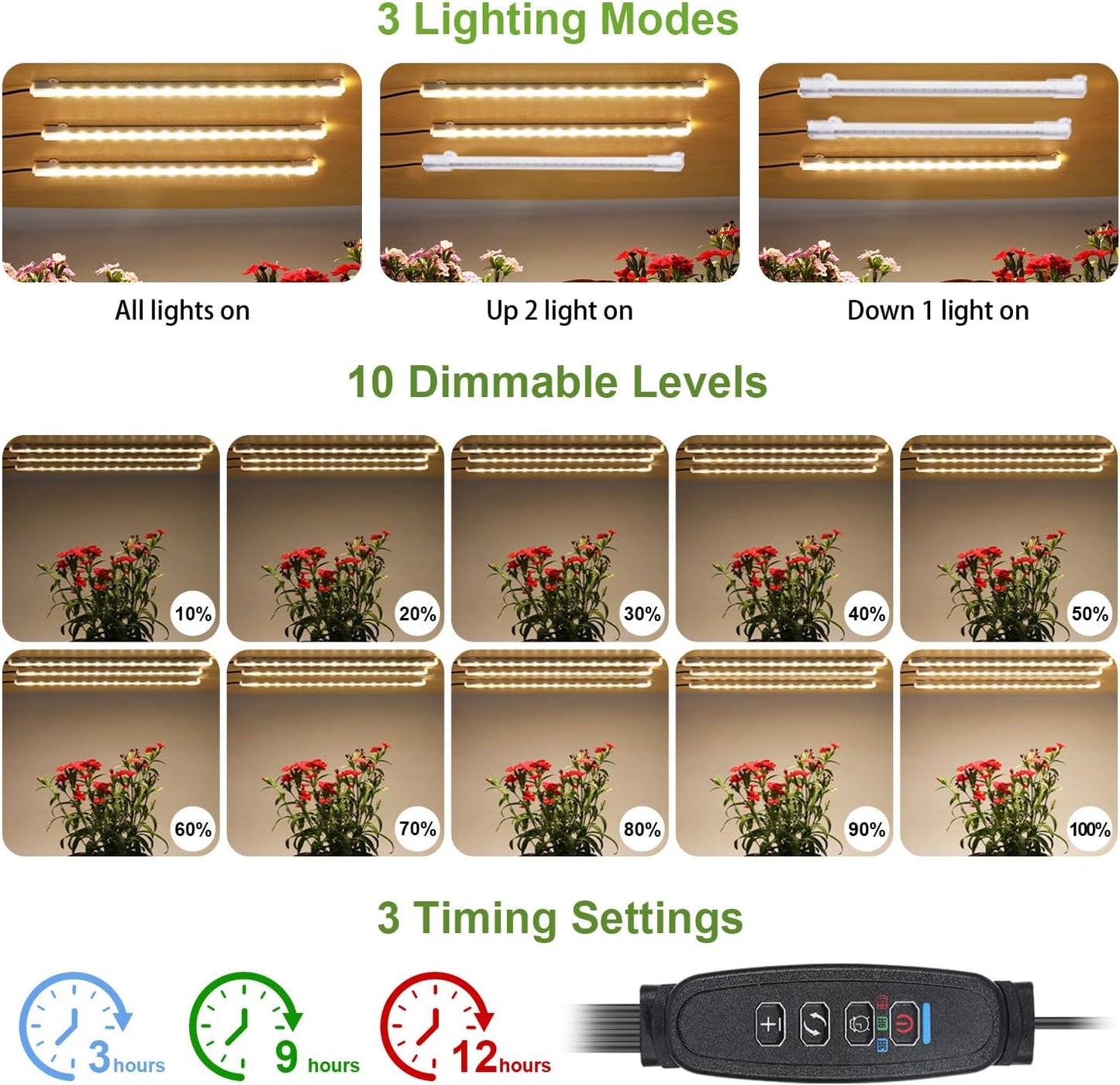 Tiras luz LED crecimiento 8.6pulg 3500K 3 cabezales