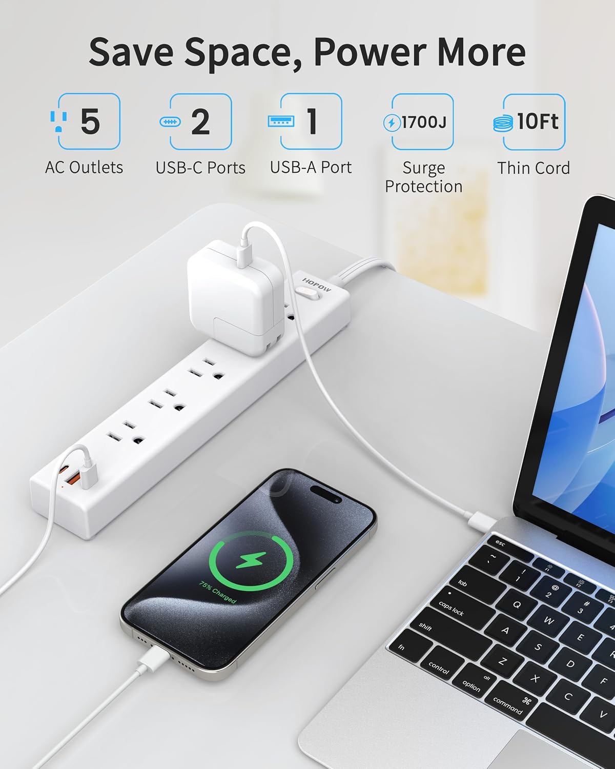 Regleta enchufe plano extensión 10pies 5 salidas 3 USB C 1700J