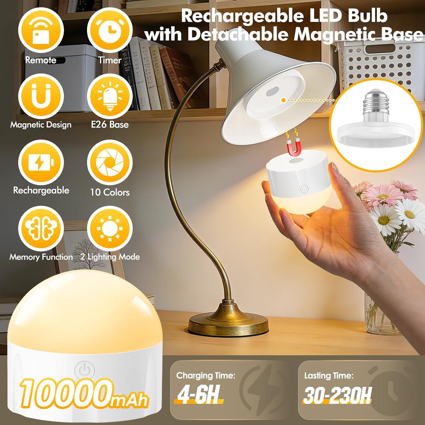 Bombilla LED E26 recargable 10000 mAh con control remoto 10 colores