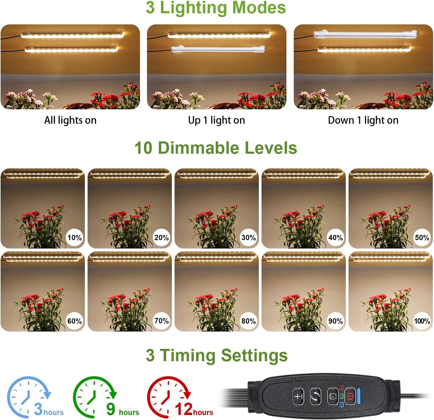 Tiras luz LED crecimiento 8.6pulg 3500K 2 cabezales 10 niveles