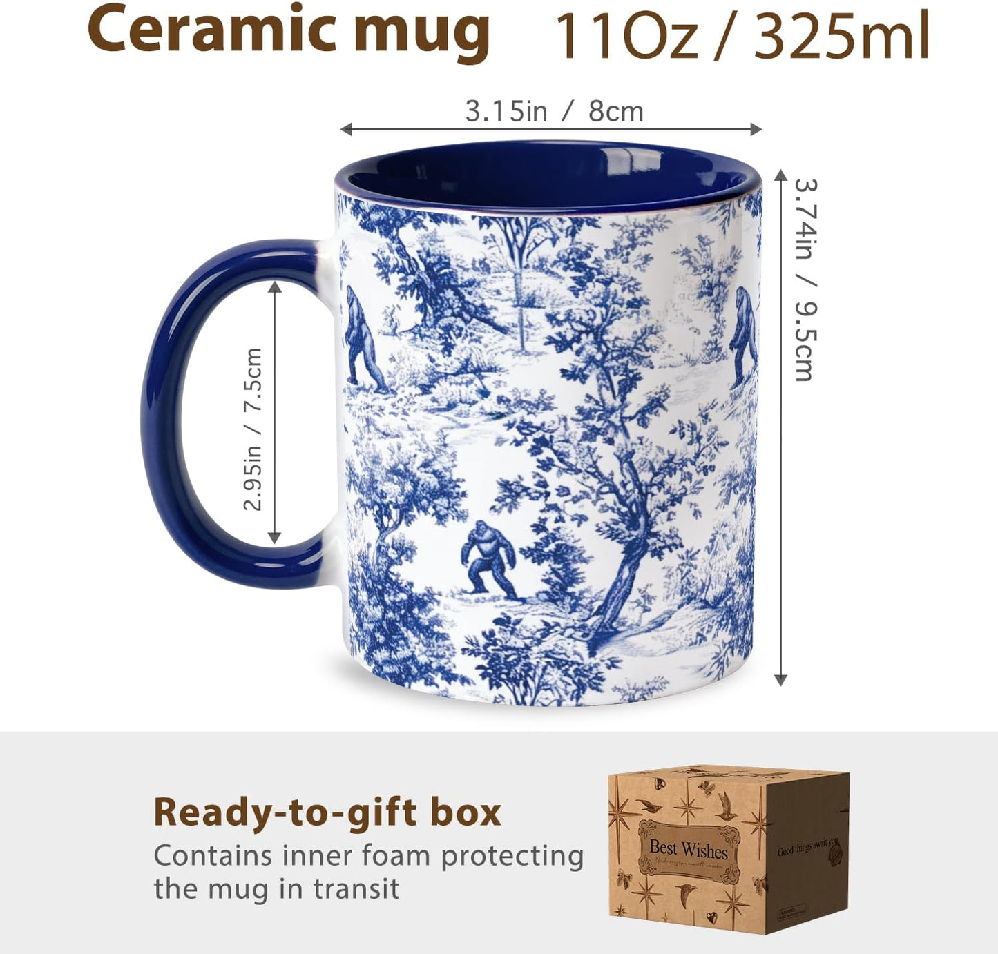 Taza de café Bigfoot Chinoiserie azul y blanco para hombres y papás