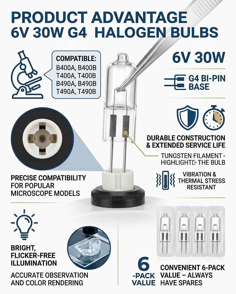 6 Bombillas Halógenas G4 Bi-Pin 30W 6V Reemplazo B400A T490B