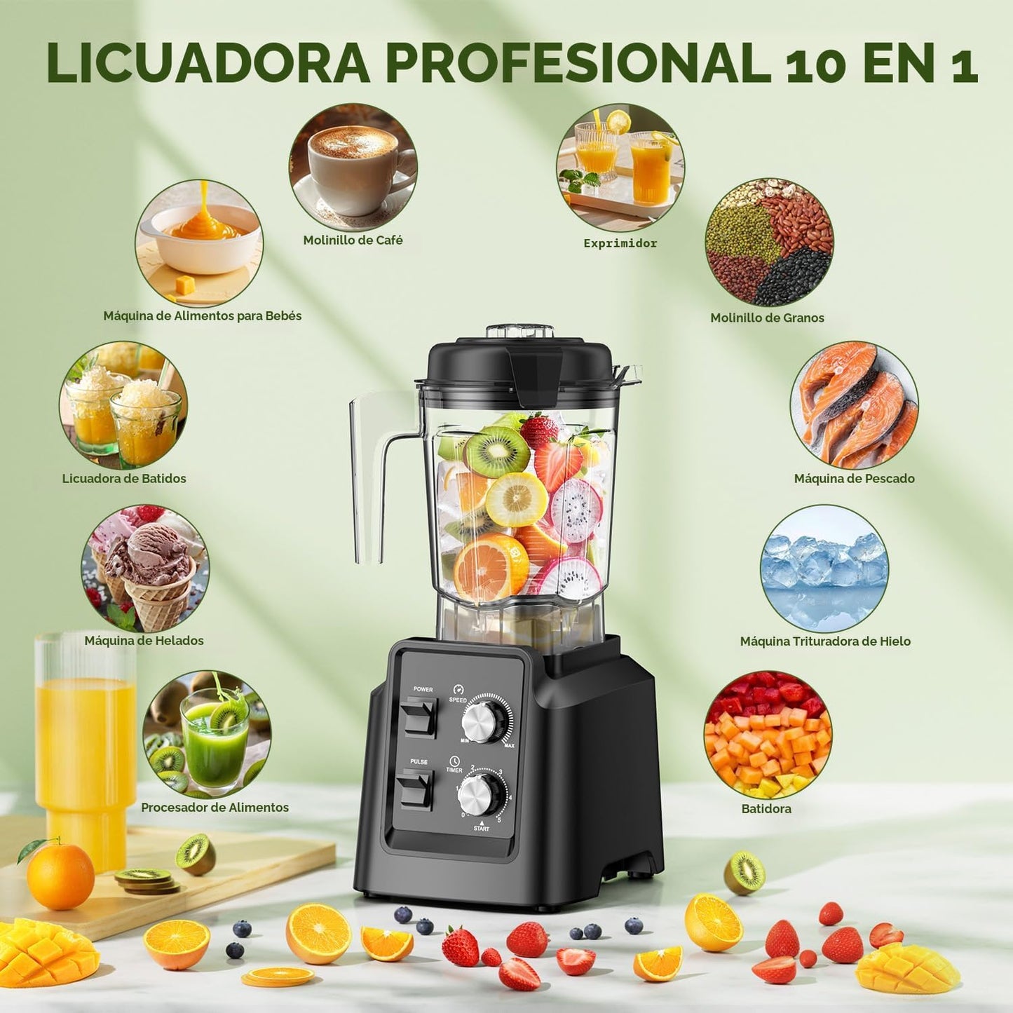Licuadora 1800W 6 cuchillas tritura hielo con molinillo