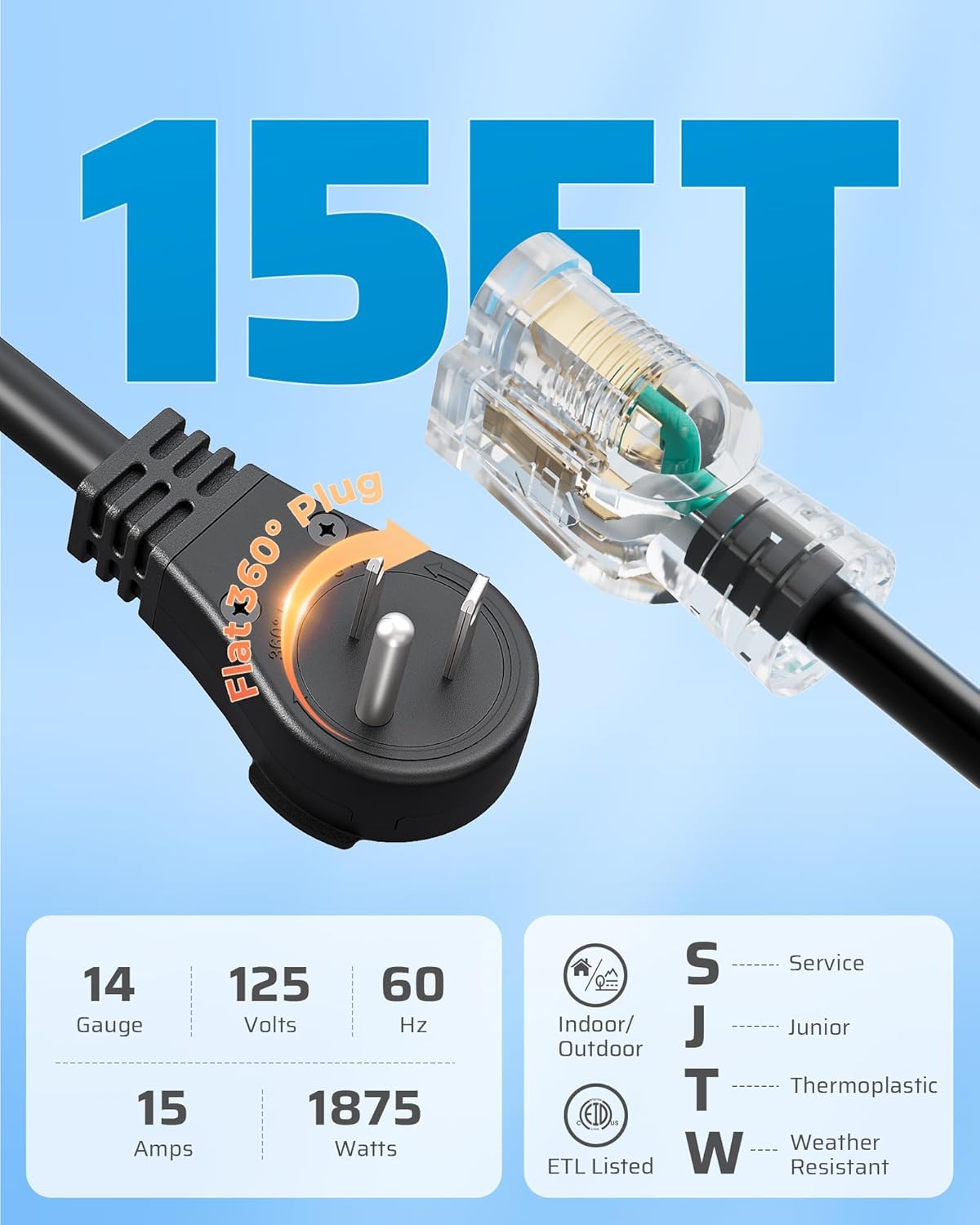 Cable extensión plano giratorio 360° negro 15ft 14/3 con luz
