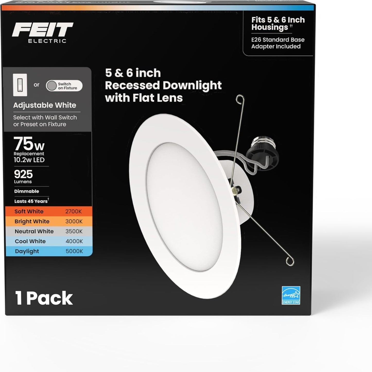 Lámpara empotrable LED 6pulg E26 blanco ajustable 2700-5000K