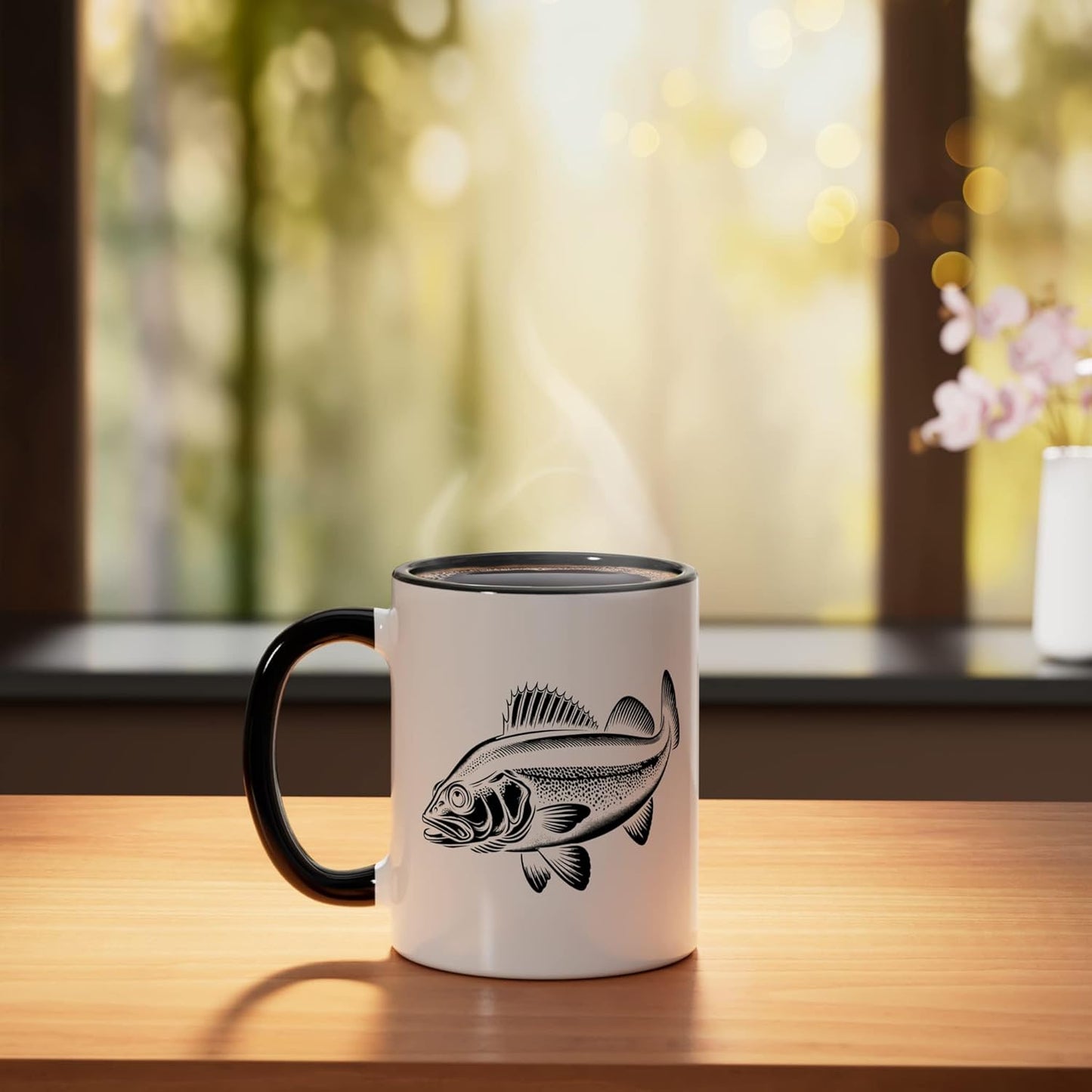 Taza Cerámica Pescador Walleye Negro/Blanco