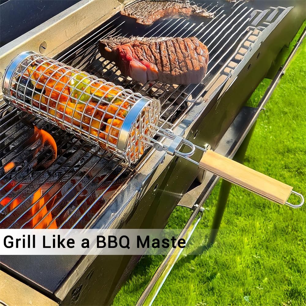 Cesta parrilla giratoria acero inox 304 para vegetales y kebab