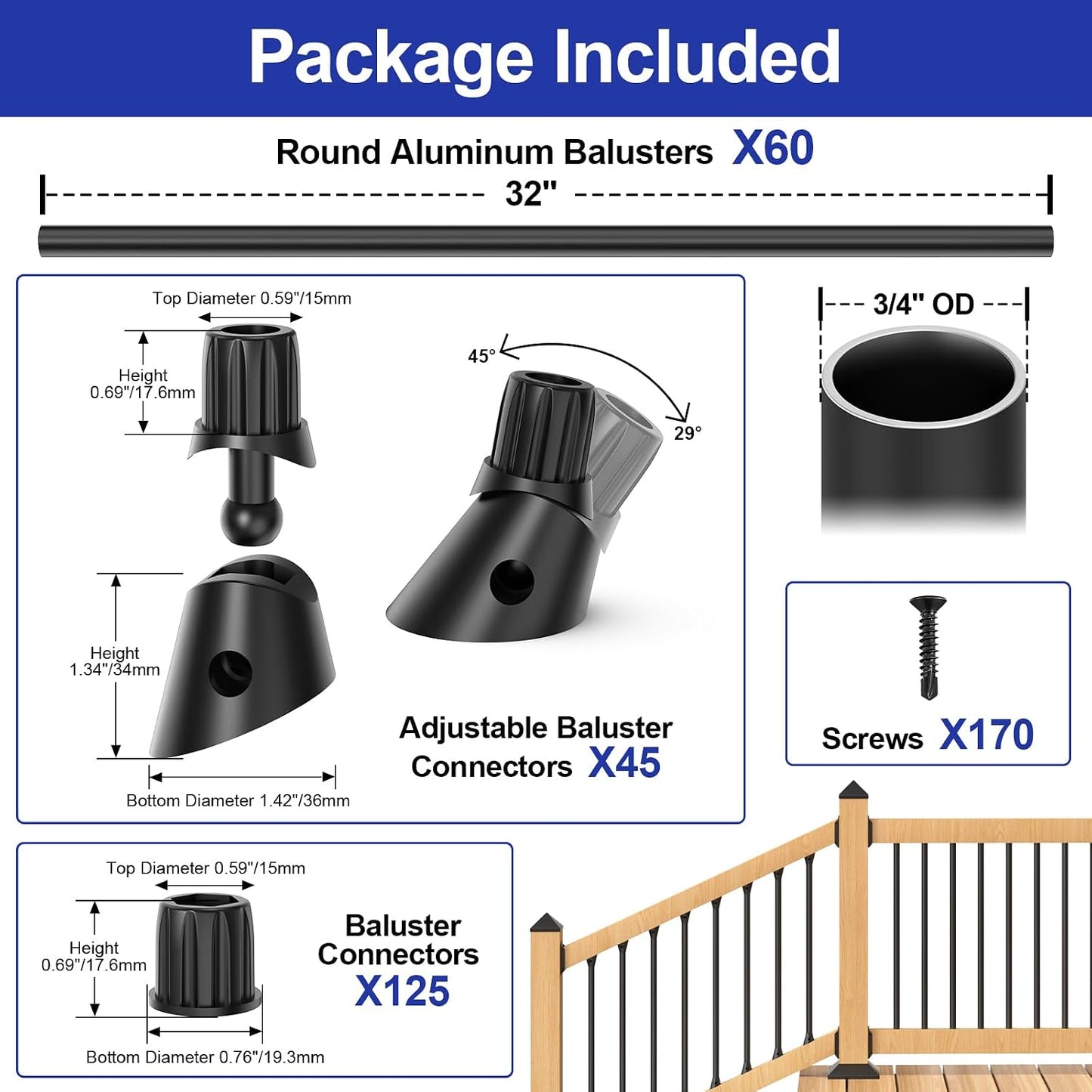 60 Balaustres Aluminio Negro 32pulg Conector Ajustable