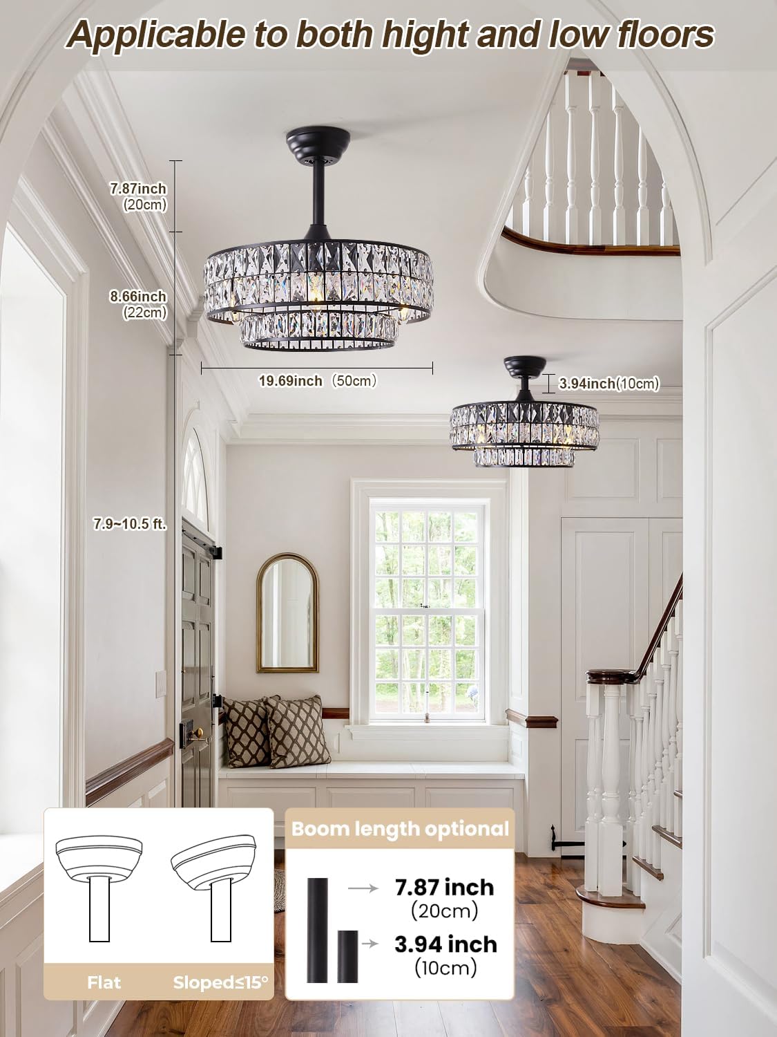 Ventilador techo negro 20pulg luz cristal 6 velocidades
