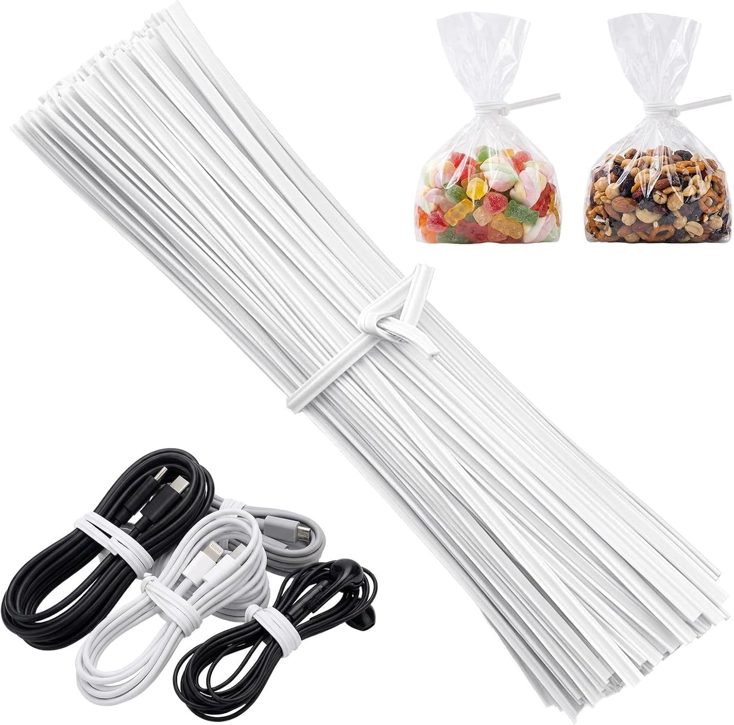 200 Lazos Plástico Blanco 4pulg para Bolsas Regalos Jardín