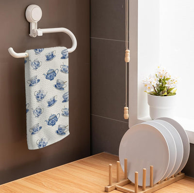 Toallas de cocina chinoiserie azules con taza y tetera decorativas