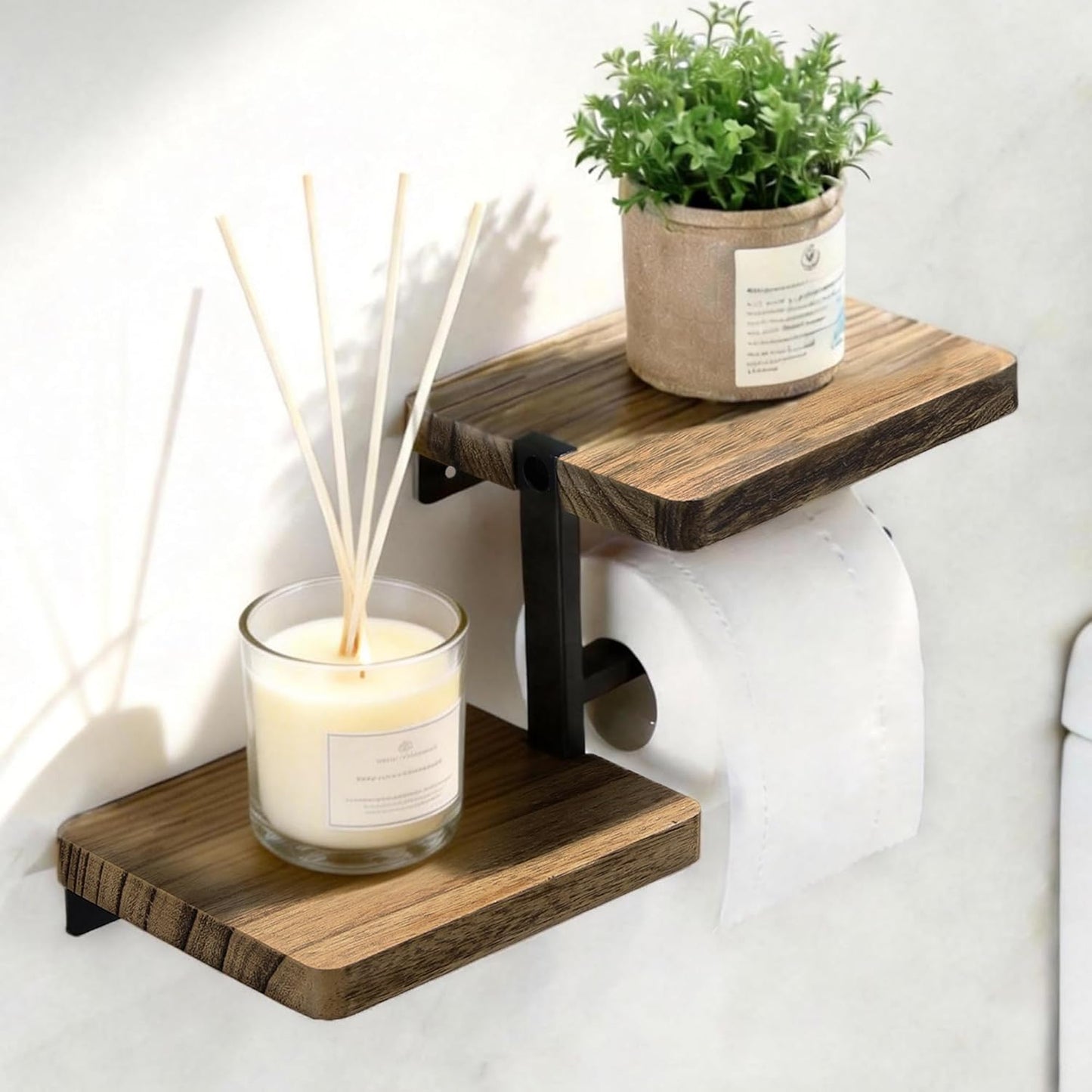 Portarrollos madera con estante para baño y toallitas