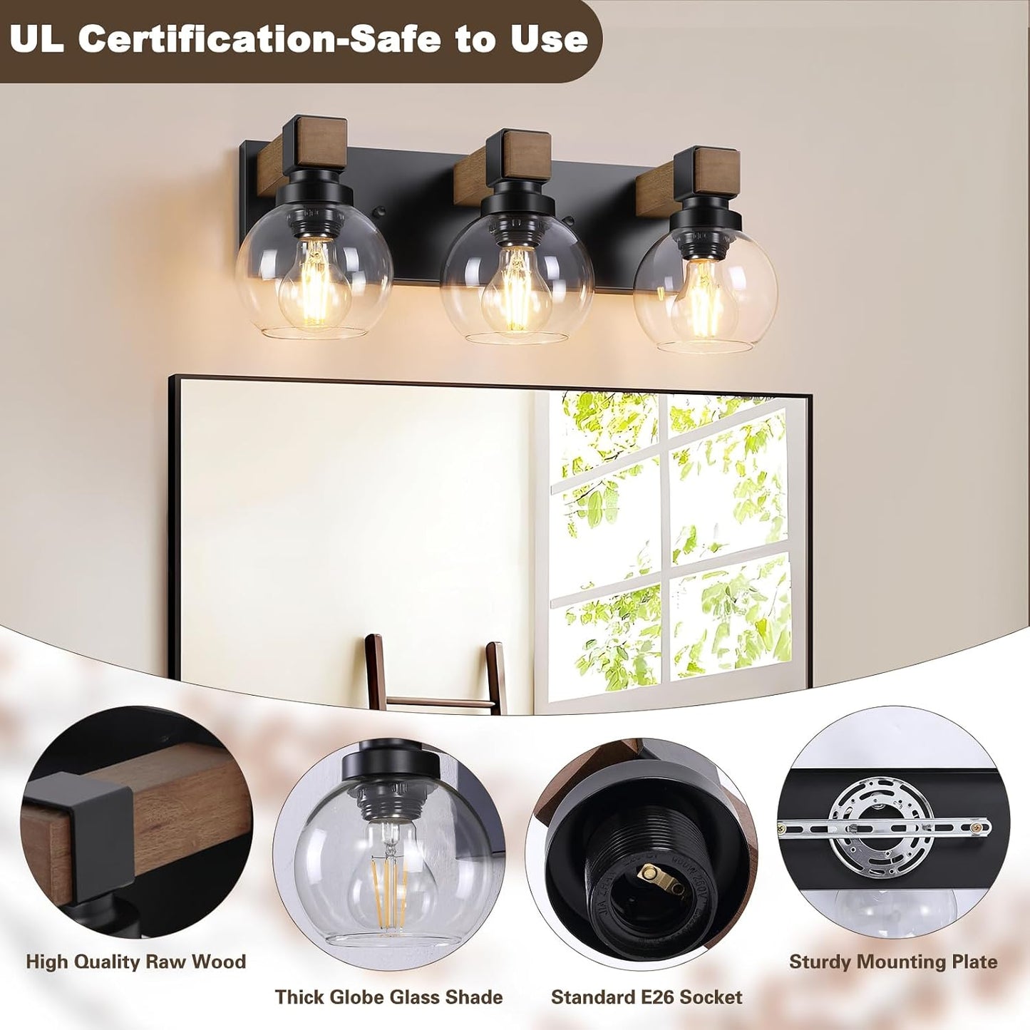 Lámpara baño rústica madera 3 luces cristal negro mate