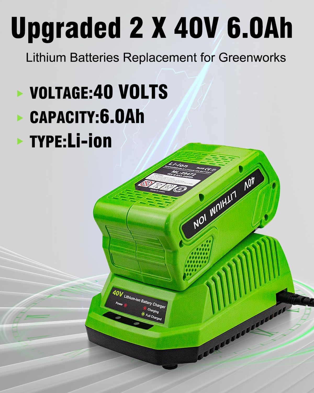 2 Baterías 40V 6.0Ah Repuesto Greenworks Comp 40V