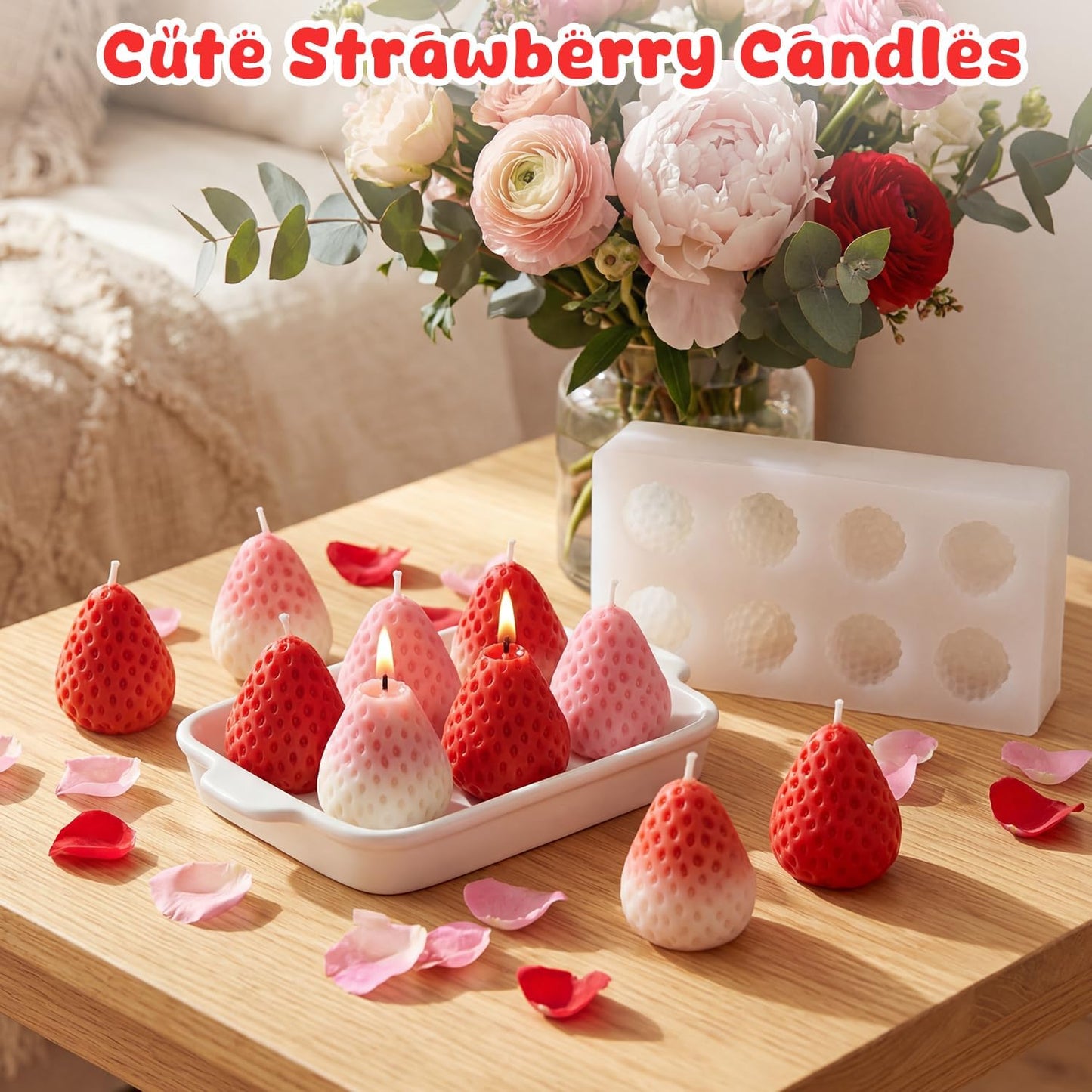 Molde de silicona 3D de fresa con 8 cavidades para velas, jabón y decoración de pasteles