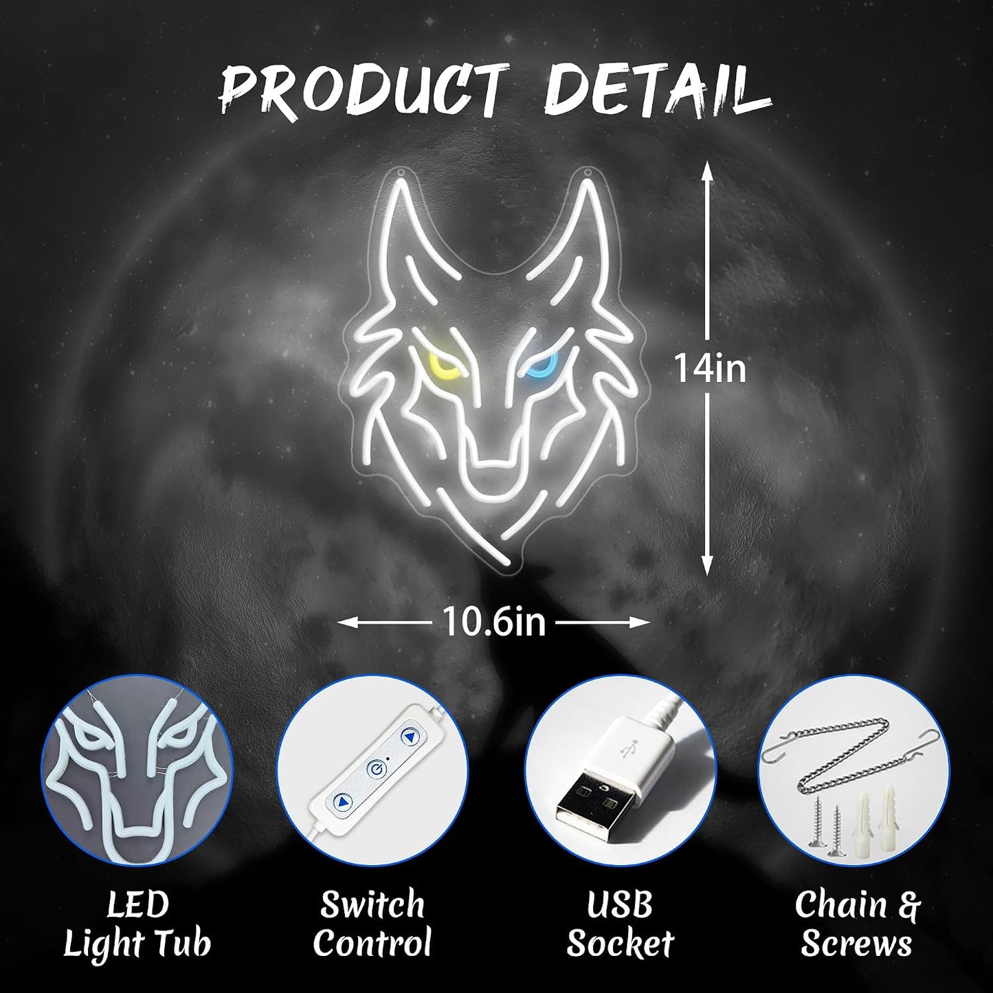 Letrero neón lobo LED regulable USB para dormitorio