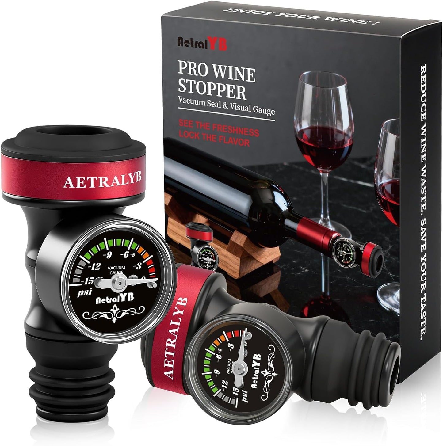 Paquete de 2 selladores al vacío de vino con medidor de presión tapones reutilizables para vino tinto y blanco
