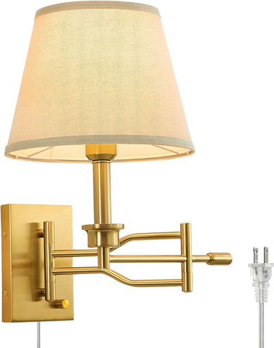 Aplique pared ajustable brazo oscilante dorado 15pulg tela beige 7pulg