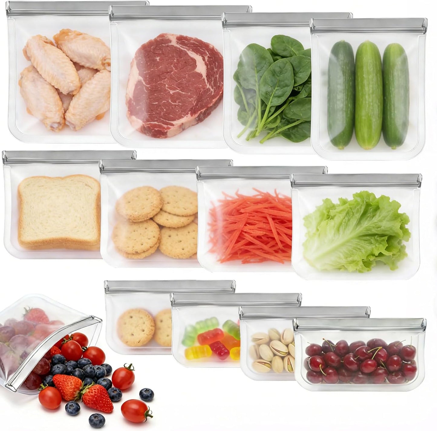 Paquete de 12 bolsas de silicona para almacenar alimentos