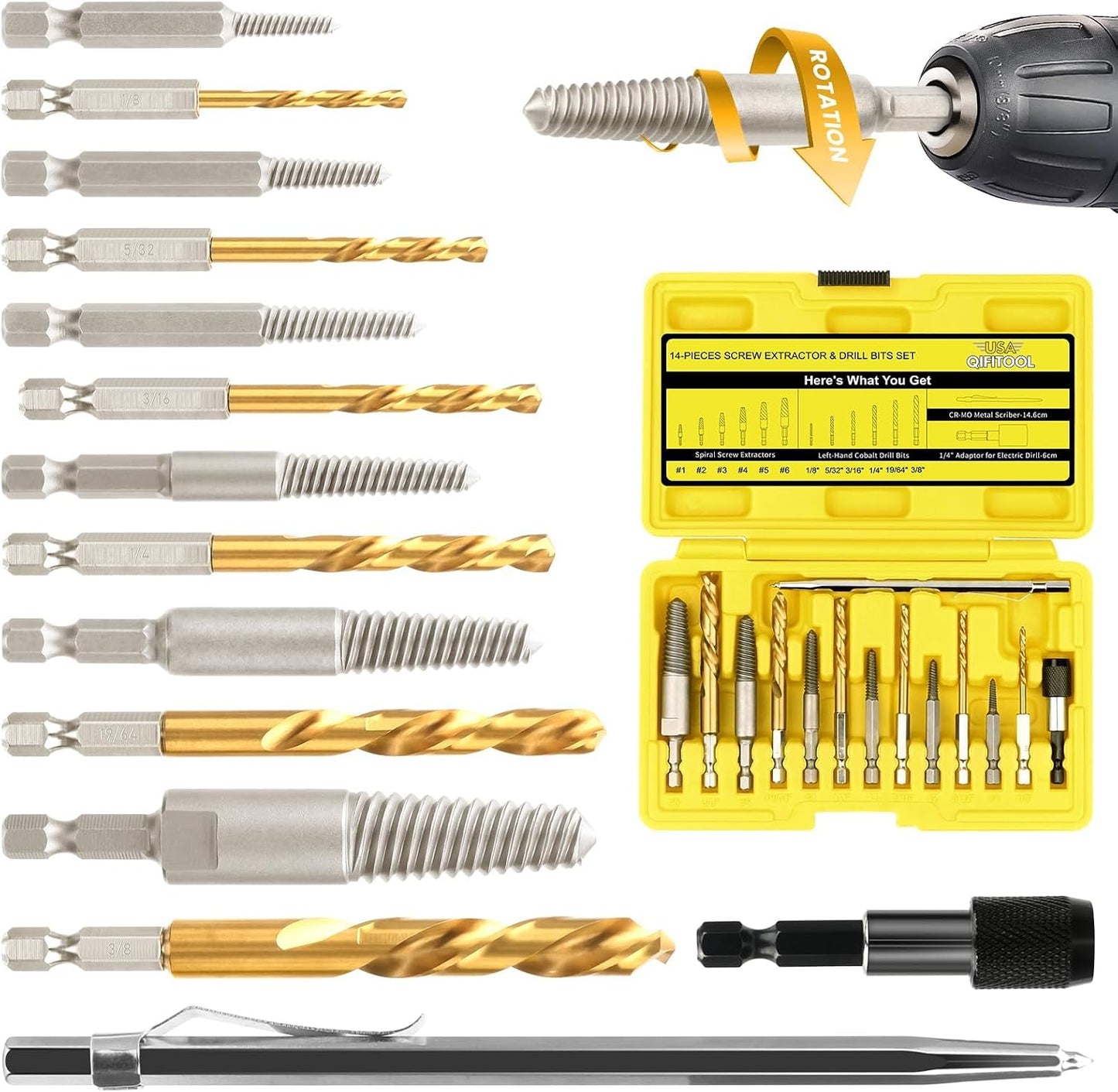 Set 14 Pzas Extractor S y Broca Acero HSS Cobalto Invertible