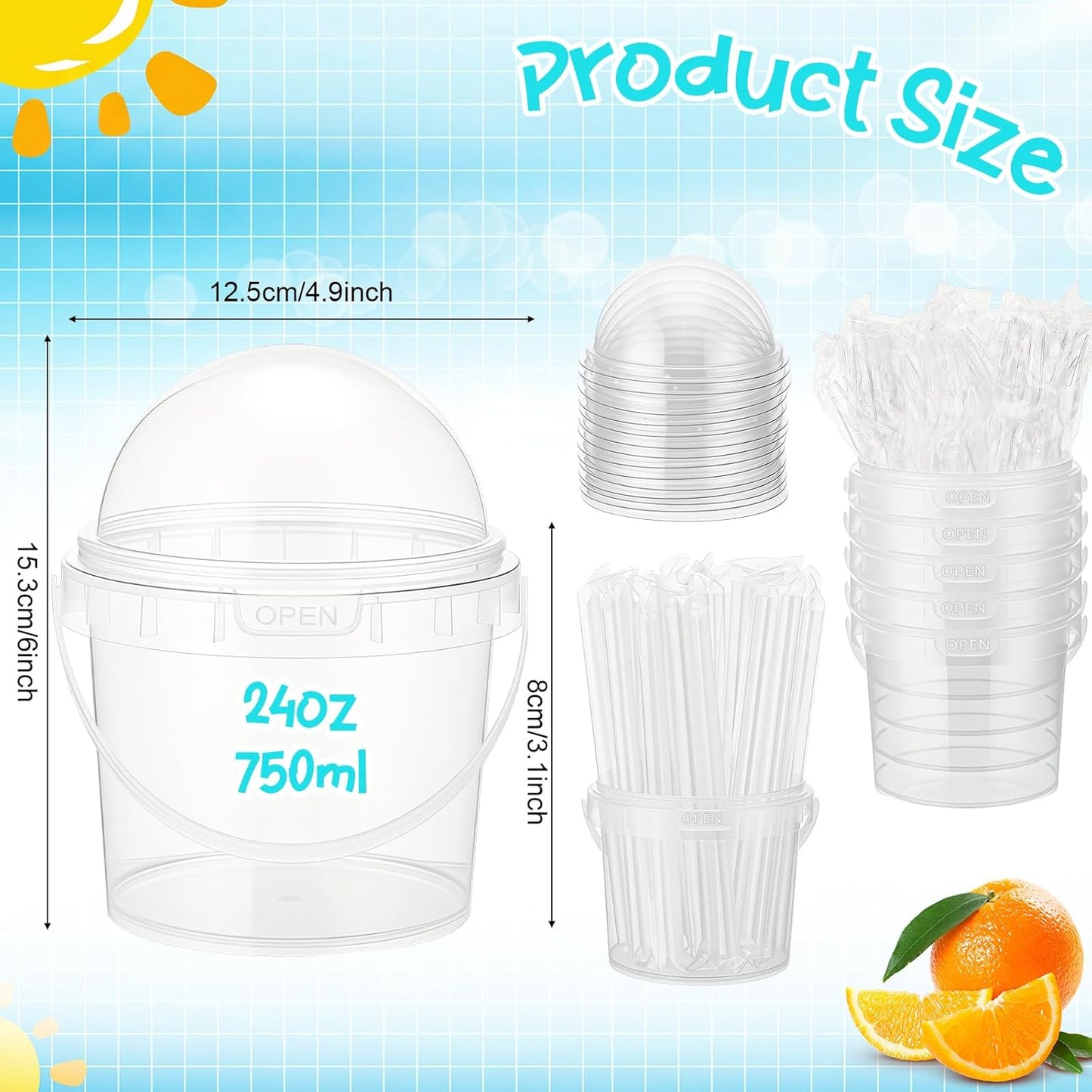 50 Cubos Plástico Reutilizables 24oz Con Tapa Pajita