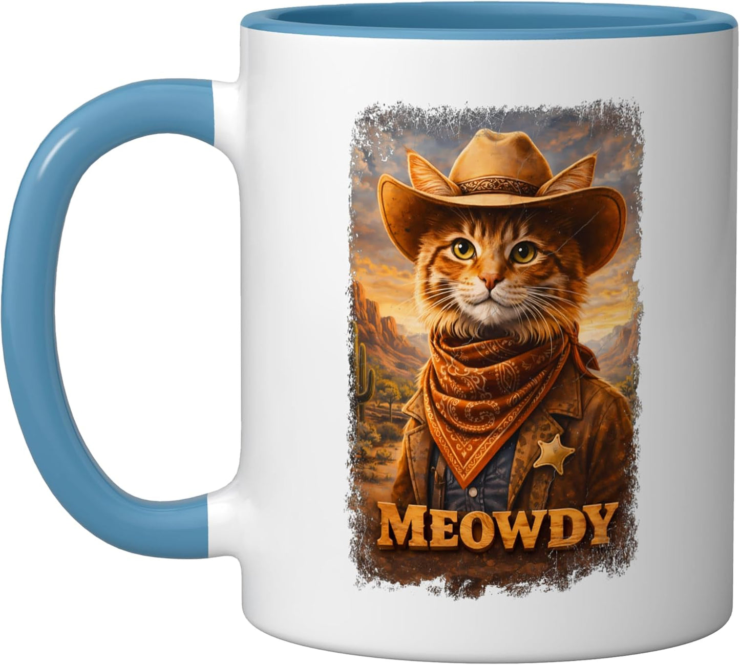 Taza cerámica Funny Meowdy gato vaquero estilo vintage azul/blanco