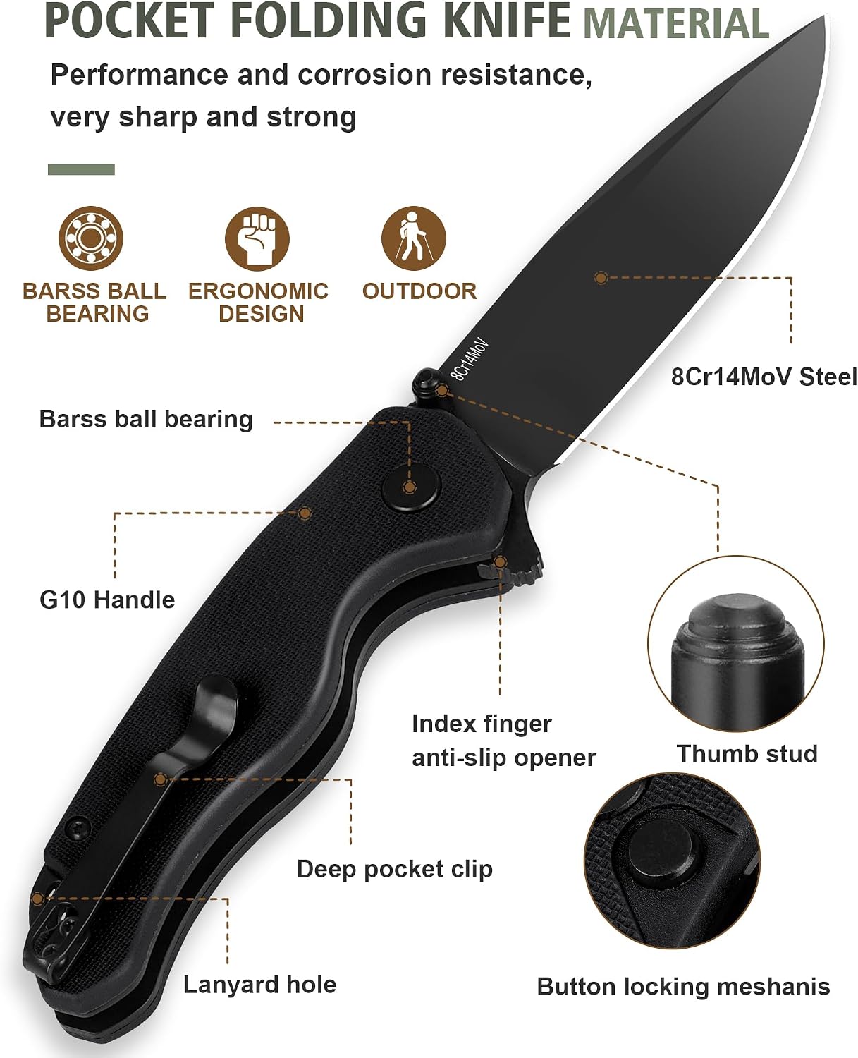 Cuchillo plegable EDC hoja 8Cr14MoV 2.99pulg mango G10