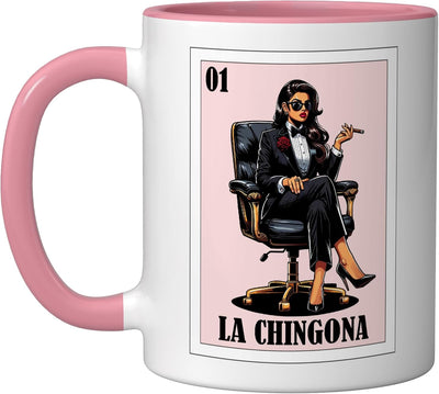 Taza de cerámica La Chingona diseño mexicano rosa/blanco