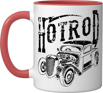 Taza cerámica retro Hotrod Car roja/blanca distresada