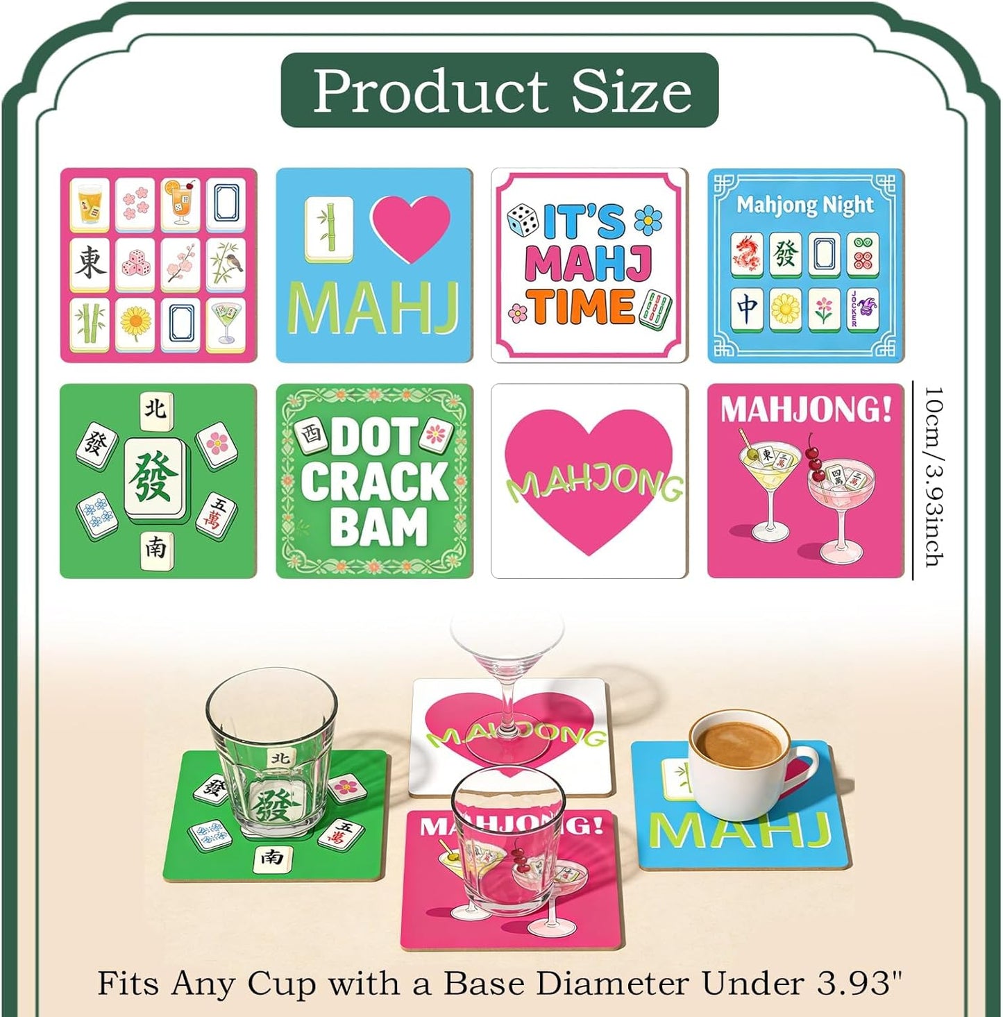 Set de 8 cojinetes de madera para bebidas con motivos mahjong