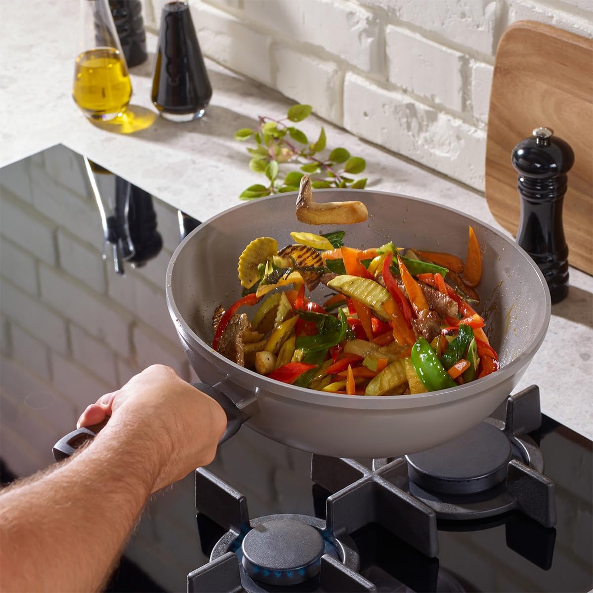 Wok Cerámica 11pulg Tapa Cristal Gris Cálido