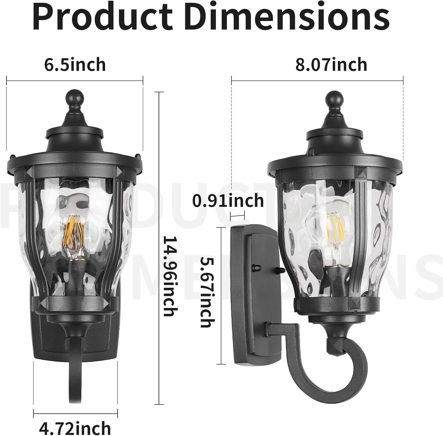 Farol pared exterior 15pulg vidrio martillado negro mate