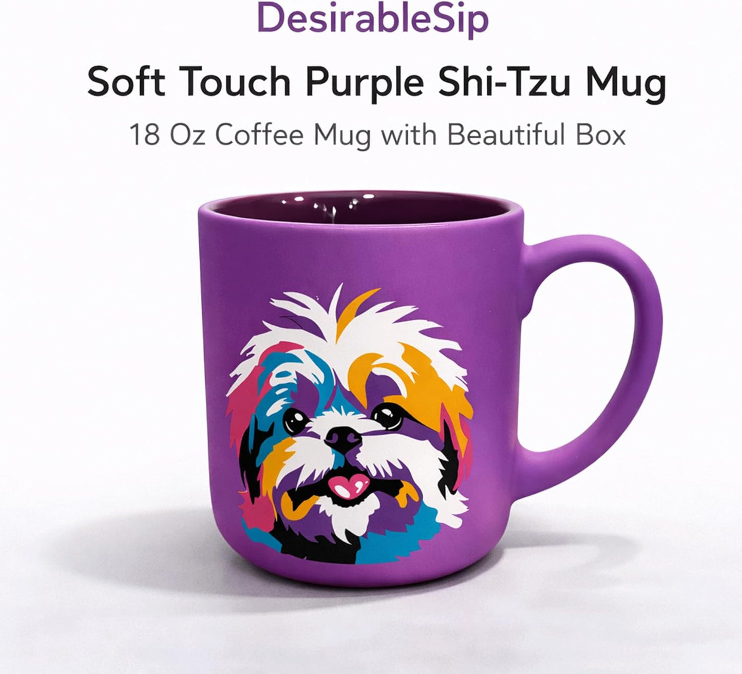 Taza Shi-Tzu morada suave al tacto de 18 oz con caja, taza de viaje de cerámica para adultos