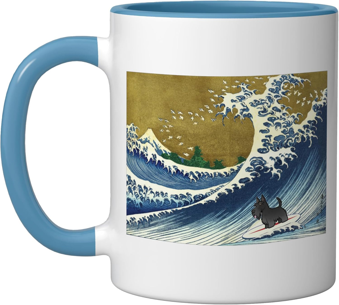Taza cerámica para hombre mujer niño amante del terrier escocés surfista azul/blanco