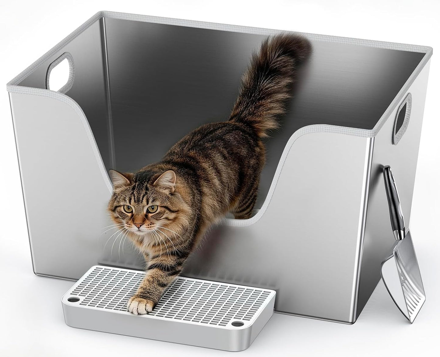 Caja arena acero inox 40L XXL para gatos grandes antifugas