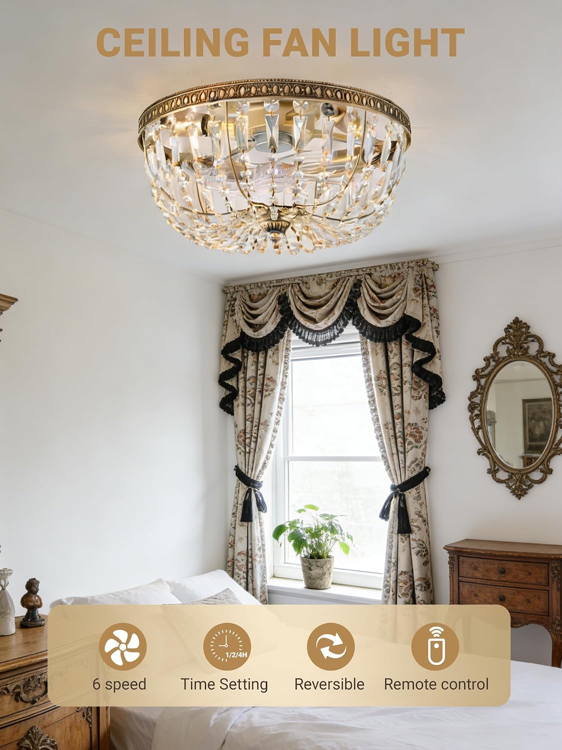 Ventilador techo dorado estilo moderno con luces y control remoto