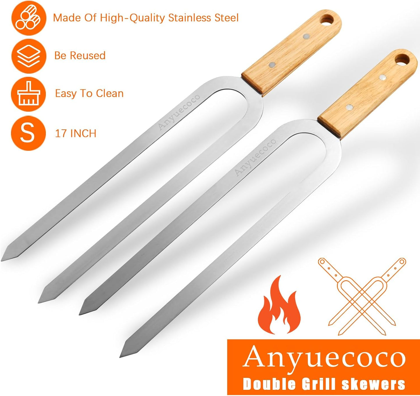 Brochetas parrilla 17pulg acero inox doble punta asar carne